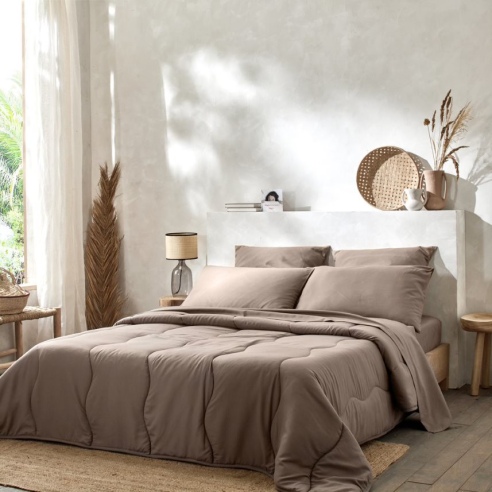 Ambiance linge de lit polycoton lavable taupe et couette confort Easytex taupe