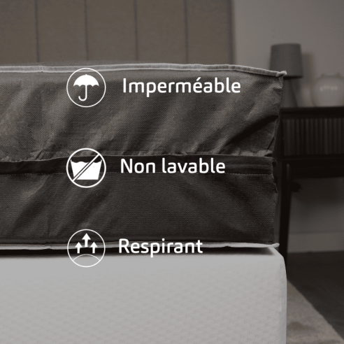 Rénove matelas imperméable gris zoom ambiance produit caractéristiques Rénove matelas imperméable gris zoom ambiance produit caractéristiques